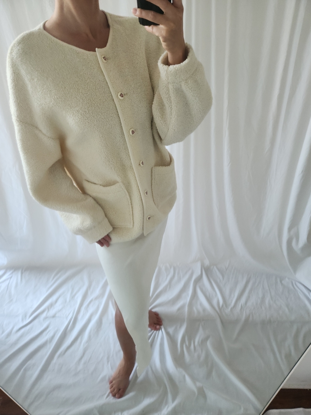 Cream Bouclé Button-Front Cardigan Sweater - Picture 11 of 11